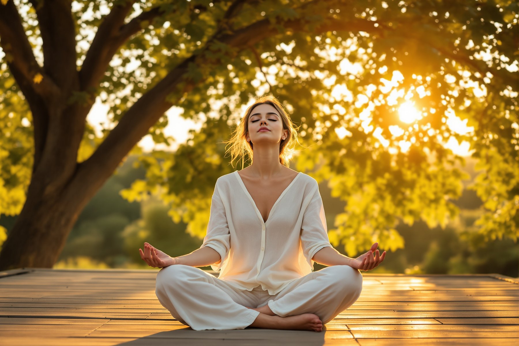 Persona meditando bajo un árbol al atardecer