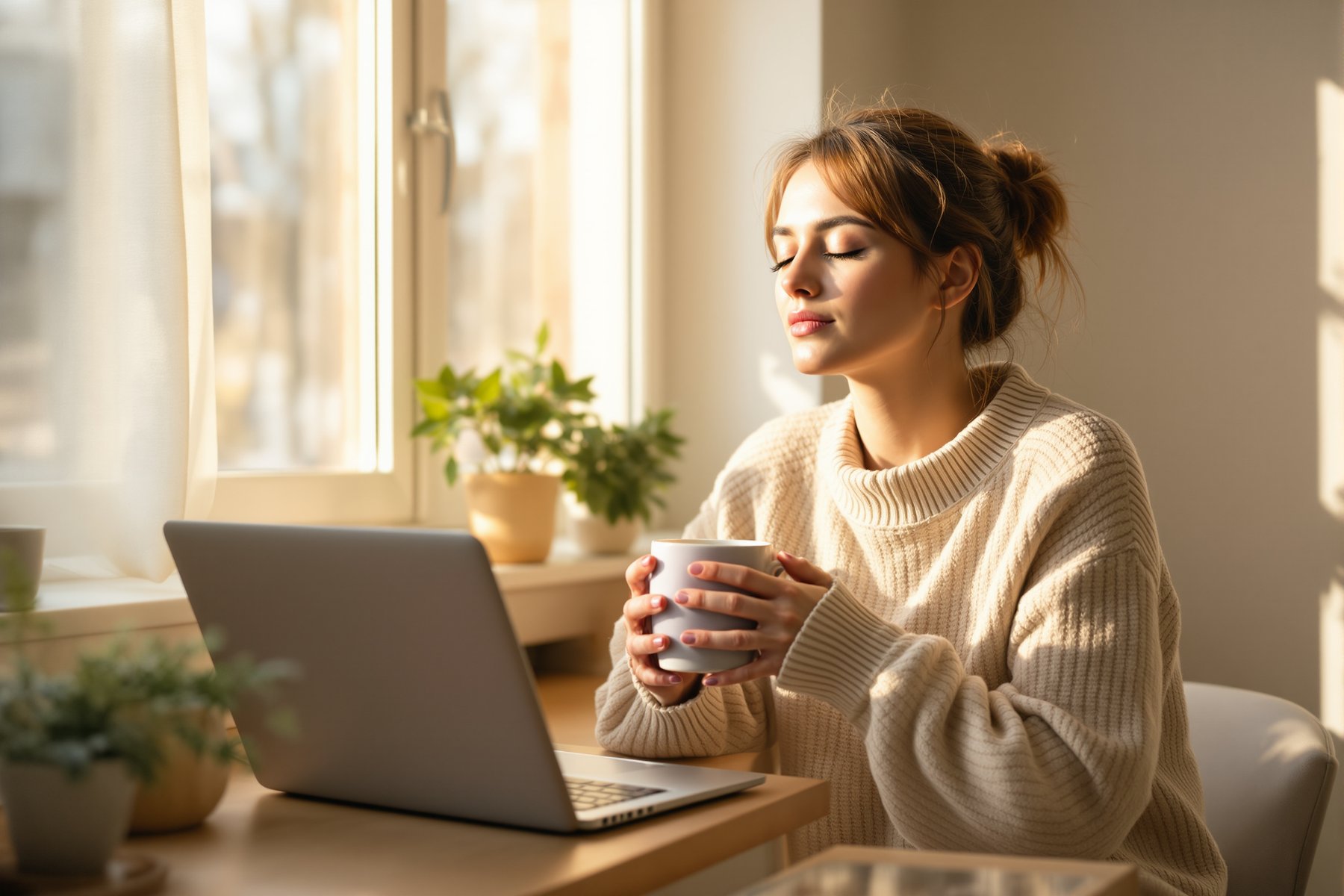 Persona serena con una taza de té cálida en un espacio de trabajo iluminado