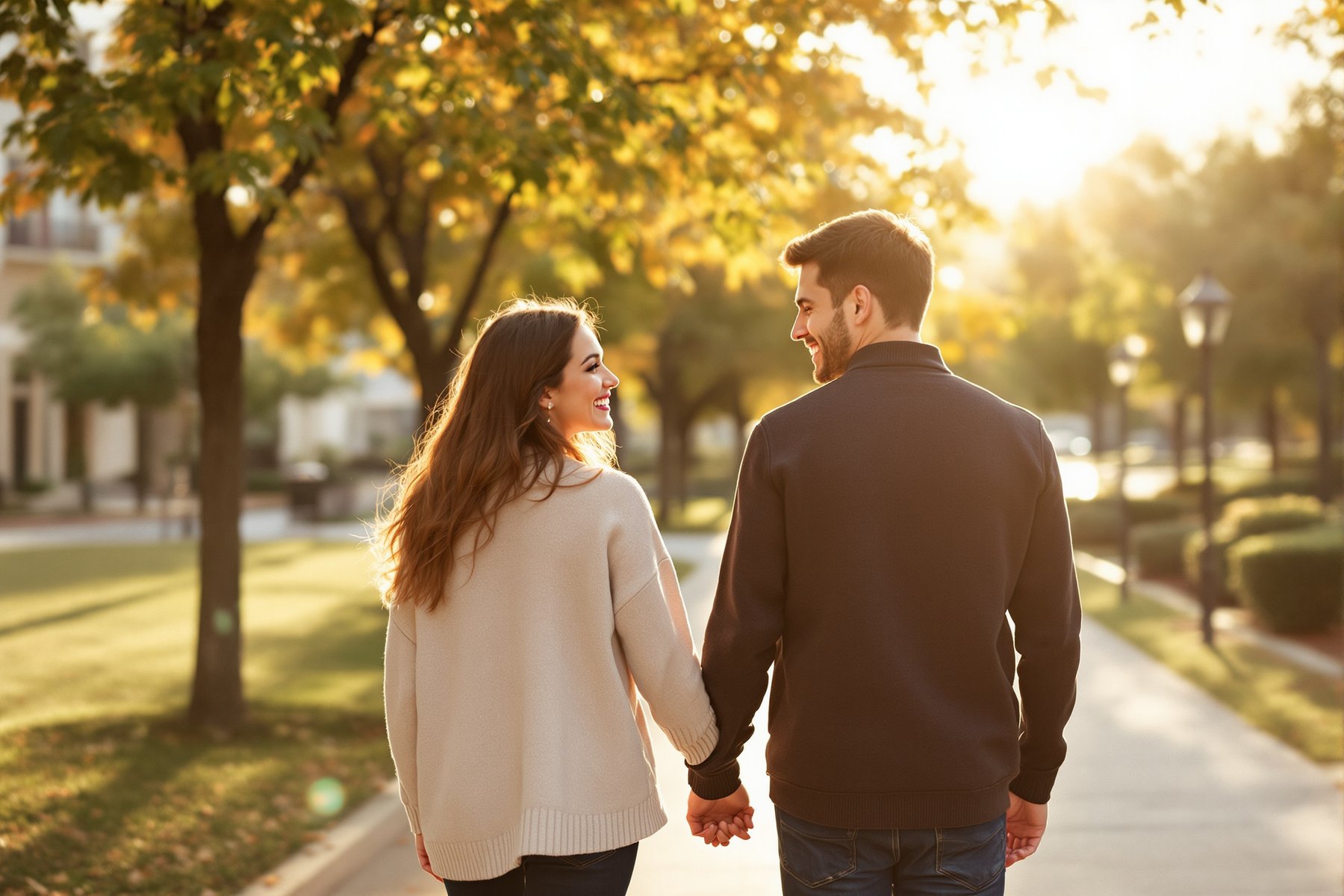 Pareja caminando por la plaza al atardecer